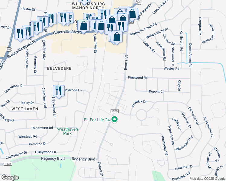 map of restaurants, bars, coffee shops, grocery stores, and more near 118 East Victoria Court in Greenville