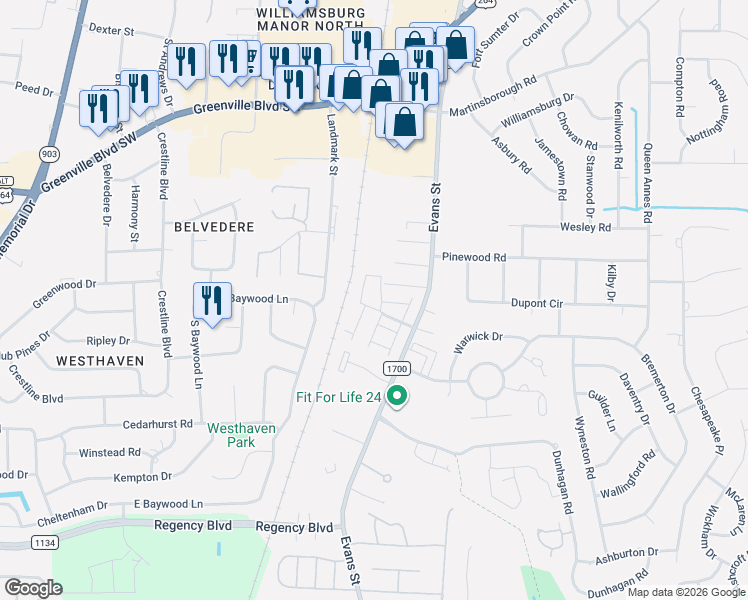 map of restaurants, bars, coffee shops, grocery stores, and more near 118 East Victoria Court in Greenville
