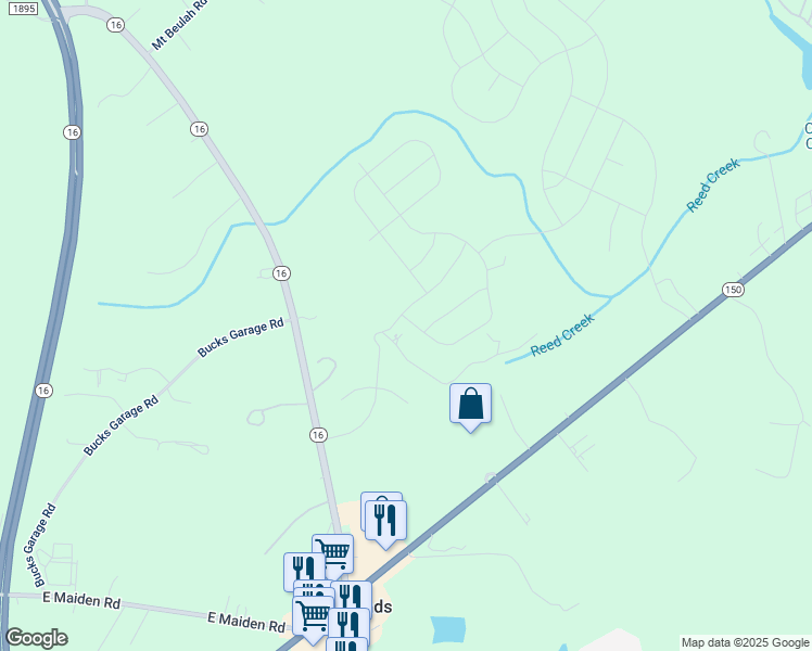 map of restaurants, bars, coffee shops, grocery stores, and more near 5682 Woebegone Trail in Maiden