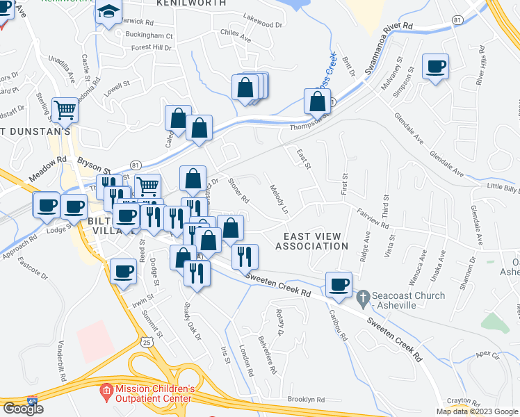 map of restaurants, bars, coffee shops, grocery stores, and more near 14 Stoner Road in Asheville