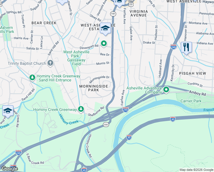 map of restaurants, bars, coffee shops, grocery stores, and more near 10 Maple Ridge Lane in Asheville