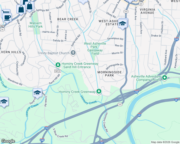 map of restaurants, bars, coffee shops, grocery stores, and more near 155 Shelburne Road in Asheville