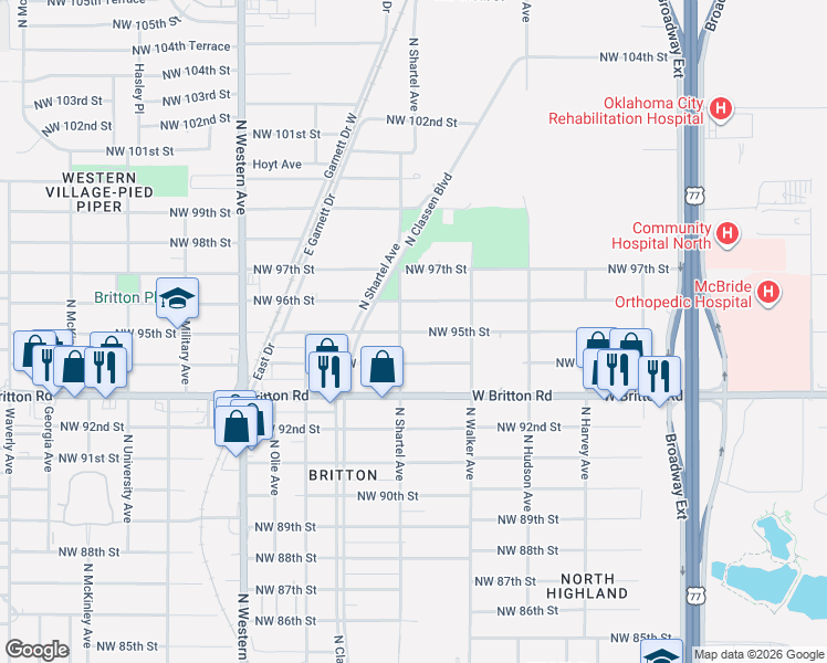 map of restaurants, bars, coffee shops, grocery stores, and more near 601 Northwest 95th Street in Oklahoma City