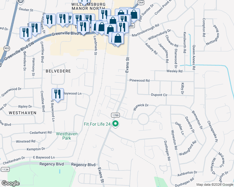 map of restaurants, bars, coffee shops, grocery stores, and more near 108 West Victoria Court in Greenville