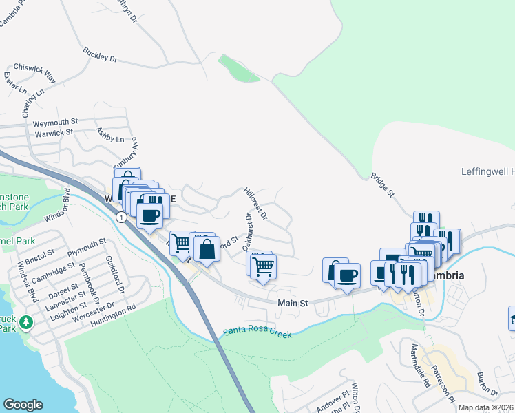 map of restaurants, bars, coffee shops, grocery stores, and more near 2010 Hillcrest Drive in Cambria