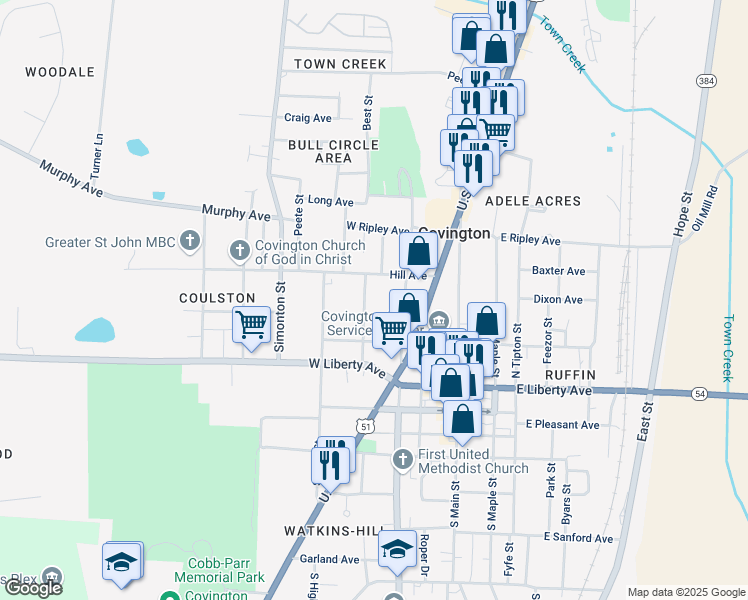 map of restaurants, bars, coffee shops, grocery stores, and more near 325 Elm Street in Covington