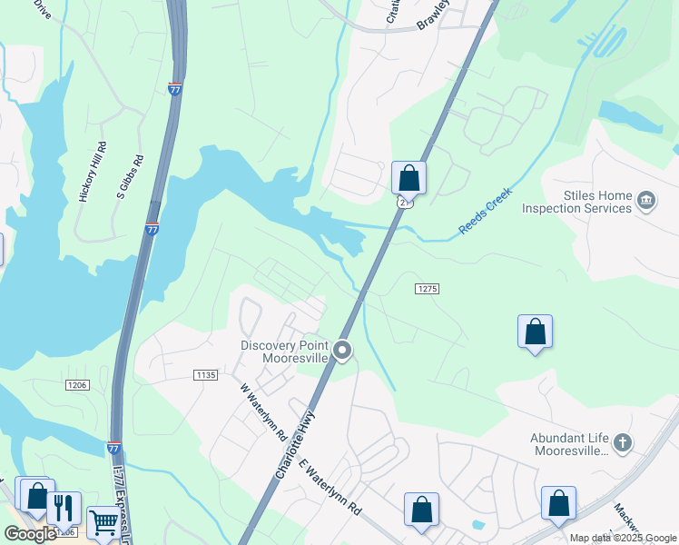 map of restaurants, bars, coffee shops, grocery stores, and more near 124 Huntington Ln in Mooresville