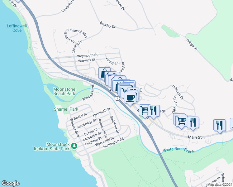 map of restaurants, bars, coffee shops, grocery stores, and more near 724 Main Street in Cambria