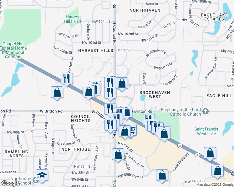 map of restaurants, bars, coffee shops, grocery stores, and more near 9604 North Council Road in Oklahoma City