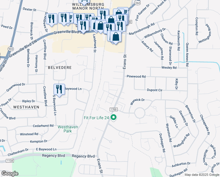 map of restaurants, bars, coffee shops, grocery stores, and more near 114 West Victoria Court in Greenville