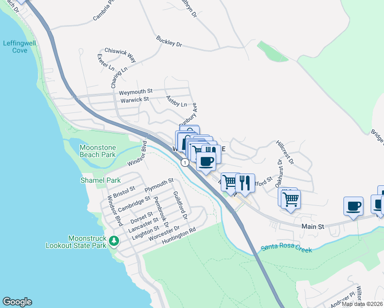 map of restaurants, bars, coffee shops, grocery stores, and more near 739 Main Street in Cambria