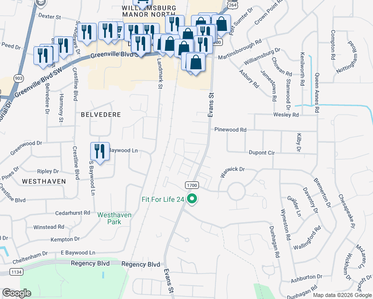 map of restaurants, bars, coffee shops, grocery stores, and more near 118 East Victoria Court in Greenville