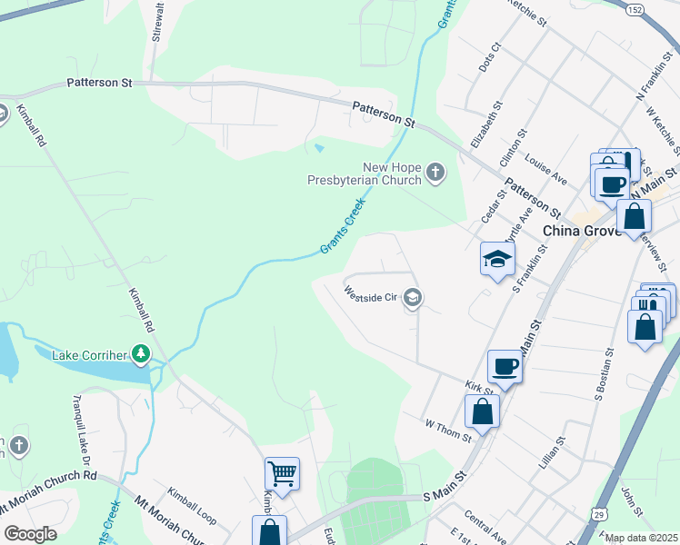 map of restaurants, bars, coffee shops, grocery stores, and more near 547 Westside Circle in China Grove