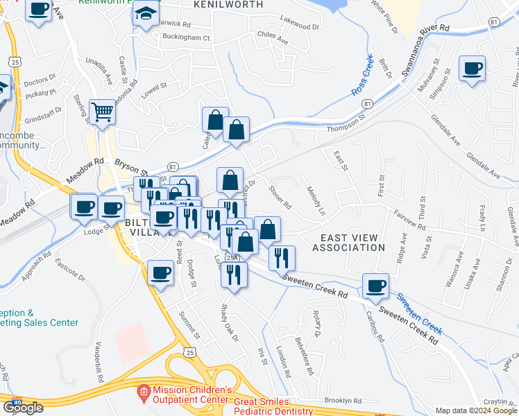 map of restaurants, bars, coffee shops, grocery stores, and more near 300 District Drive in Asheville