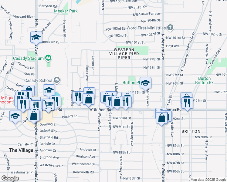 map of restaurants, bars, coffee shops, grocery stores, and more near 1420 Northwest 96th Street in Oklahoma City
