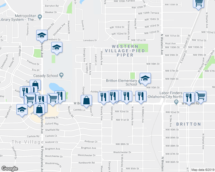 map of restaurants, bars, coffee shops, grocery stores, and more near 1420 Northwest 96th Street in Oklahoma City