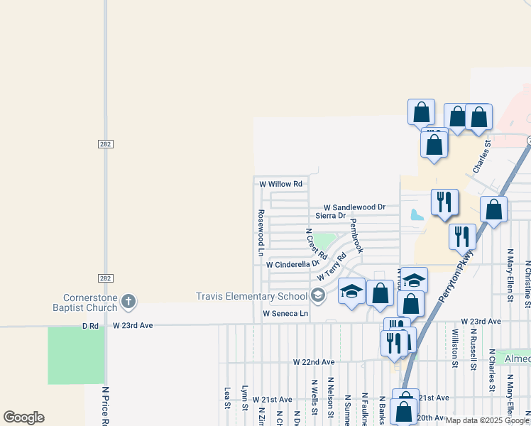 map of restaurants, bars, coffee shops, grocery stores, and more near 2900 Rosewood Lane in Pampa