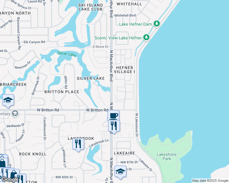 map of restaurants, bars, coffee shops, grocery stores, and more near 9643 Hefner Village Boulevard in Oklahoma City