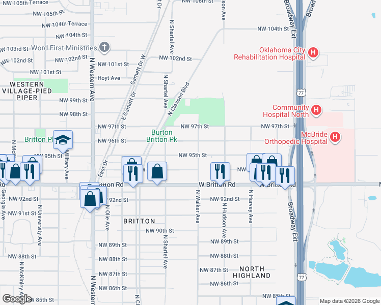 map of restaurants, bars, coffee shops, grocery stores, and more near 511 Northwest 95th Street in Oklahoma City
