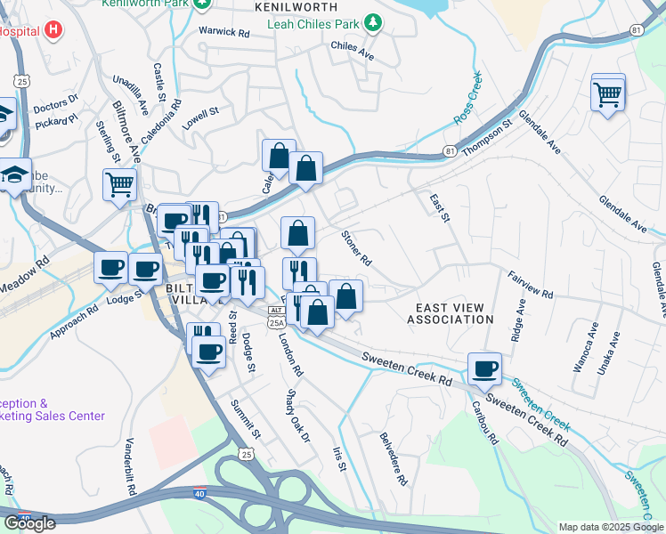 map of restaurants, bars, coffee shops, grocery stores, and more near 100 District Drive in Asheville