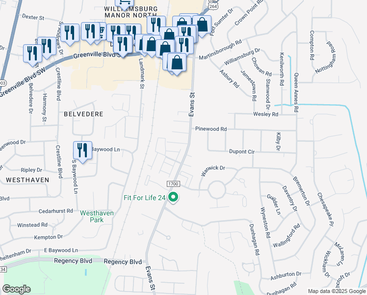 map of restaurants, bars, coffee shops, grocery stores, and more near 3408 Evans Street in Greenville