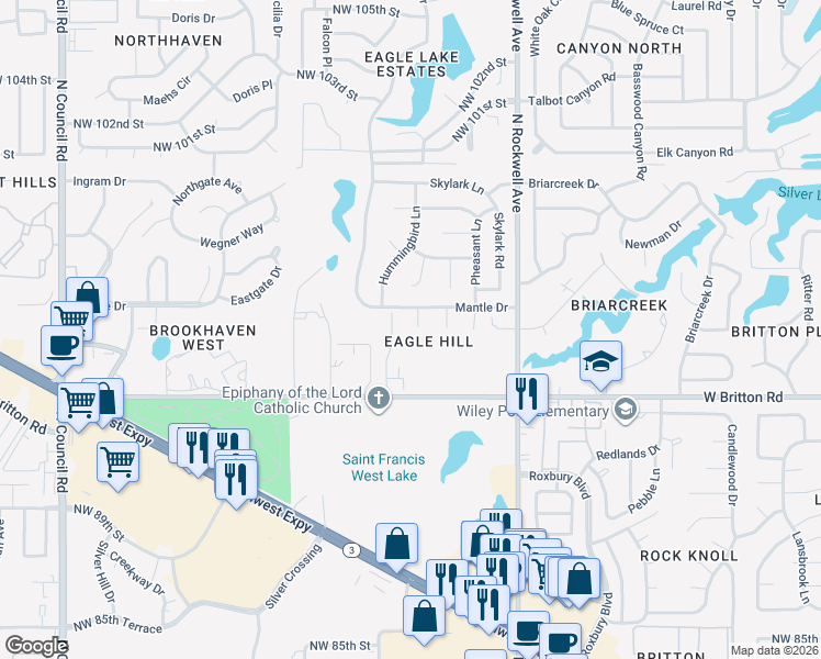 map of restaurants, bars, coffee shops, grocery stores, and more near 9605 Berkley Court in Oklahoma City