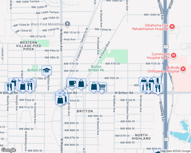 map of restaurants, bars, coffee shops, grocery stores, and more near 9601 North Shartel Avenue in Oklahoma City