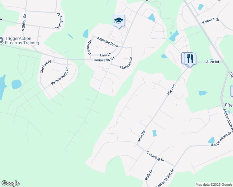 map of restaurants, bars, coffee shops, grocery stores, and more near 175 Park Place Drive in Garner