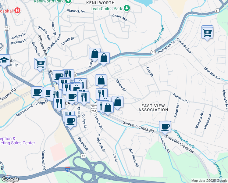 map of restaurants, bars, coffee shops, grocery stores, and more near 300 District Drive in Asheville