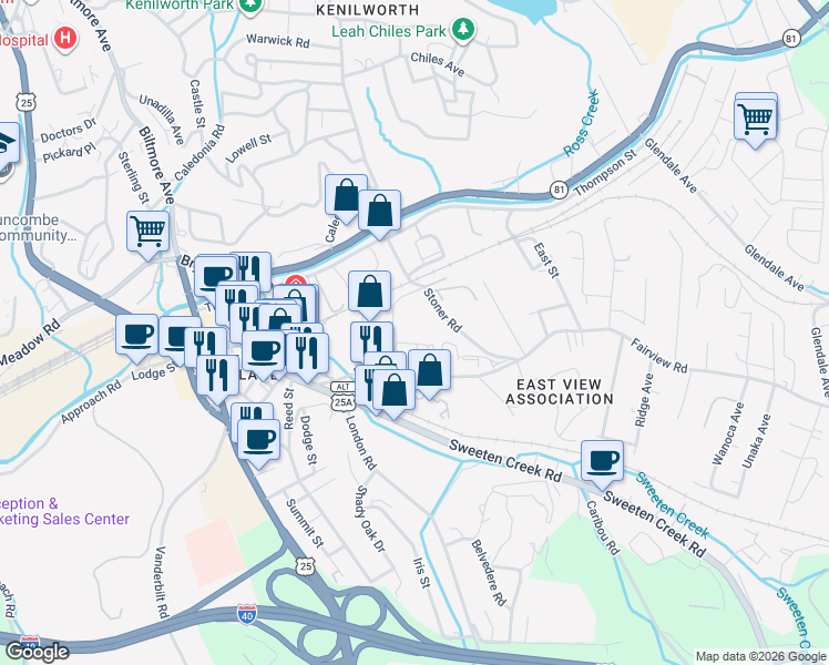 map of restaurants, bars, coffee shops, grocery stores, and more near 300 District Drive in Asheville
