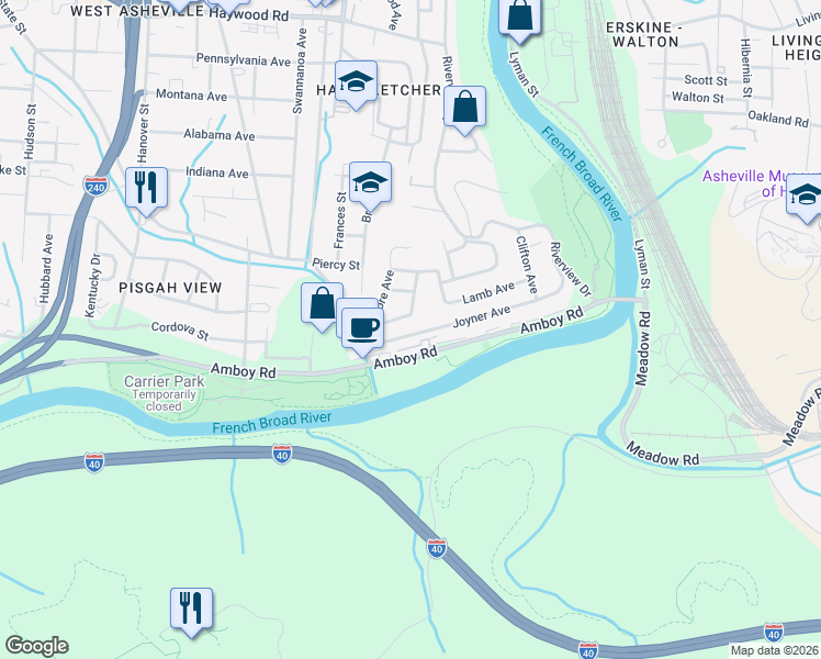 map of restaurants, bars, coffee shops, grocery stores, and more near 44 Lamb Avenue in Asheville