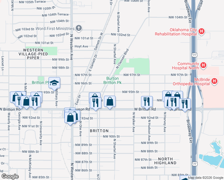 map of restaurants, bars, coffee shops, grocery stores, and more near 9601 North Shartel Avenue in Oklahoma City