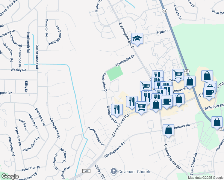 map of restaurants, bars, coffee shops, grocery stores, and more near 1656 Wimbledon Drive in Greenville