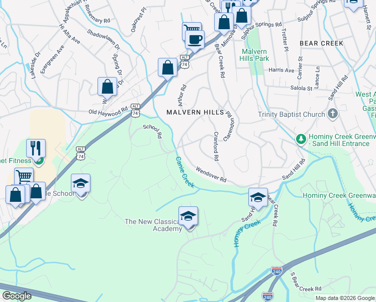 map of restaurants, bars, coffee shops, grocery stores, and more near 99999 Wendover Road in Asheville