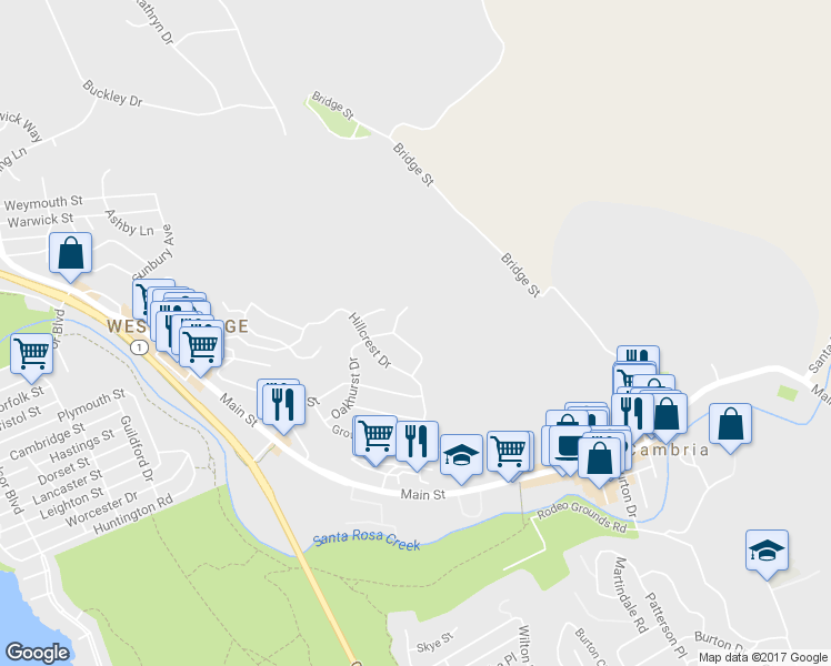 map of restaurants, bars, coffee shops, grocery stores, and more near 5537 Oakhurst Drive in Cambria