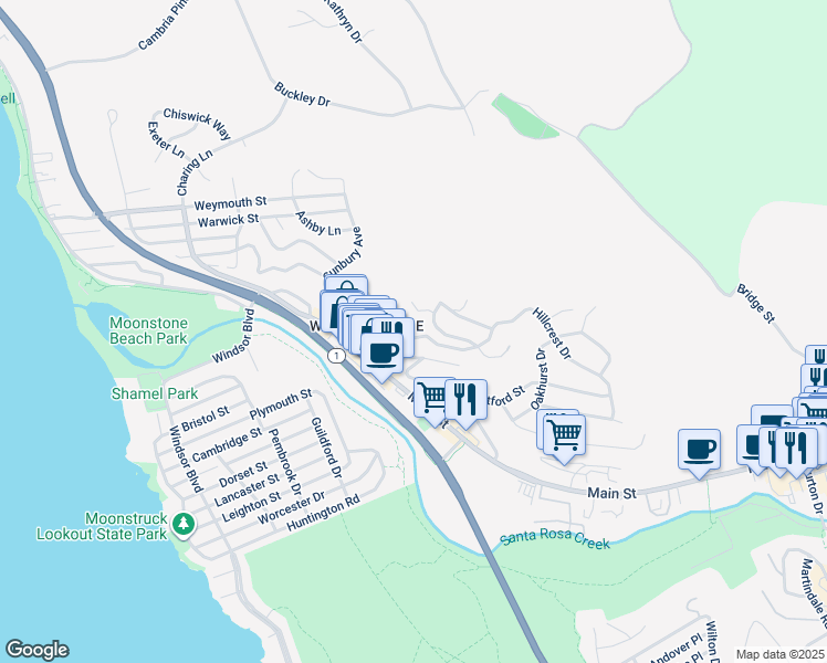 map of restaurants, bars, coffee shops, grocery stores, and more near 875 Hillcrest Drive in Cambria