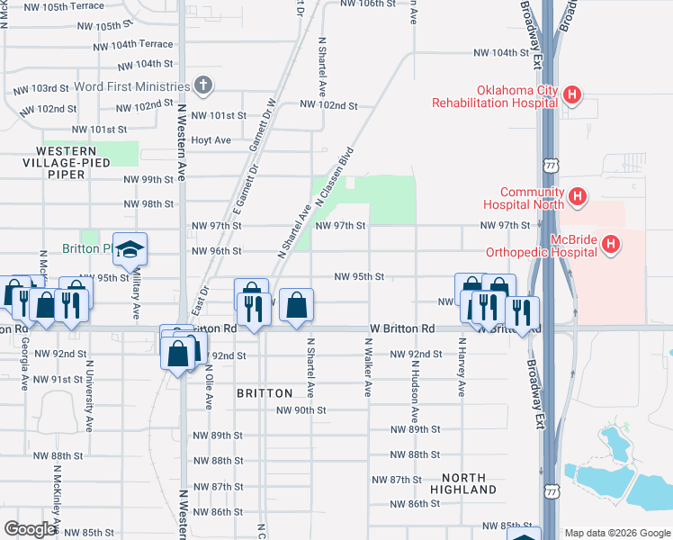 map of restaurants, bars, coffee shops, grocery stores, and more near 601 Northwest 95th Street in Oklahoma City