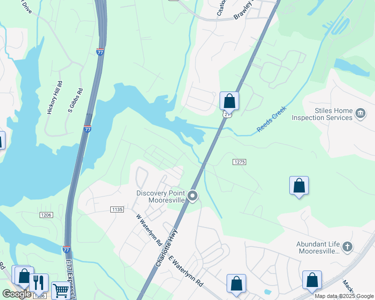 map of restaurants, bars, coffee shops, grocery stores, and more near 124 Huntington Ln in Mooresville