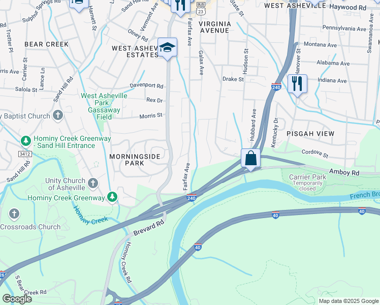 map of restaurants, bars, coffee shops, grocery stores, and more near 275 Fairfax Avenue in Asheville