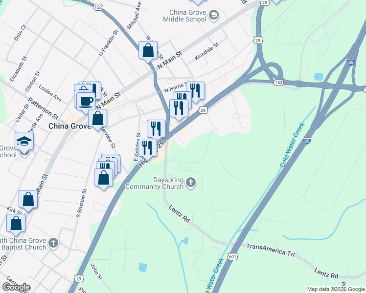 map of restaurants, bars, coffee shops, grocery stores, and more near 805 Bare Street in China Grove