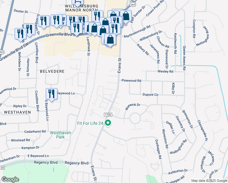 map of restaurants, bars, coffee shops, grocery stores, and more near 3414 Sara Lane in Greenville