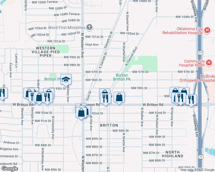 map of restaurants, bars, coffee shops, grocery stores, and more near 9611 North Shartel Avenue in Oklahoma City