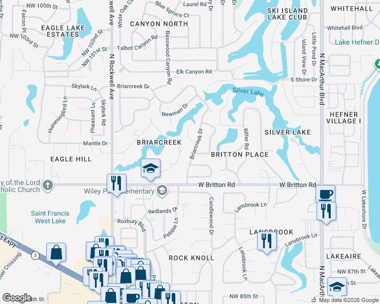 map of restaurants, bars, coffee shops, grocery stores, and more near 9617 Briarcreek Dr in Oklahoma City