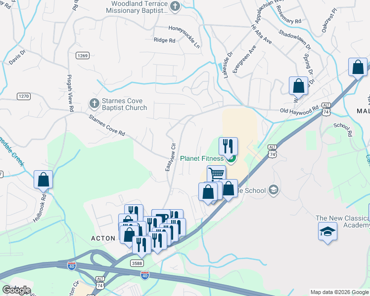 map of restaurants, bars, coffee shops, grocery stores, and more near 1840 Old Haywood Road in Asheville