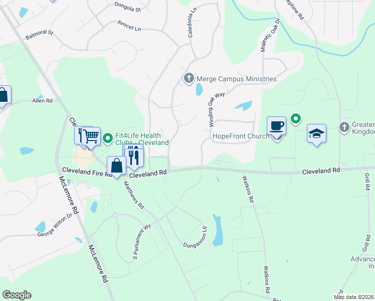 map of restaurants, bars, coffee shops, grocery stores, and more near 8674 Cleveland Road in Clayton