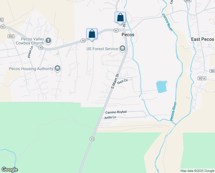 map of restaurants, bars, coffee shops, grocery stores, and more near Camino Contento in Pecos