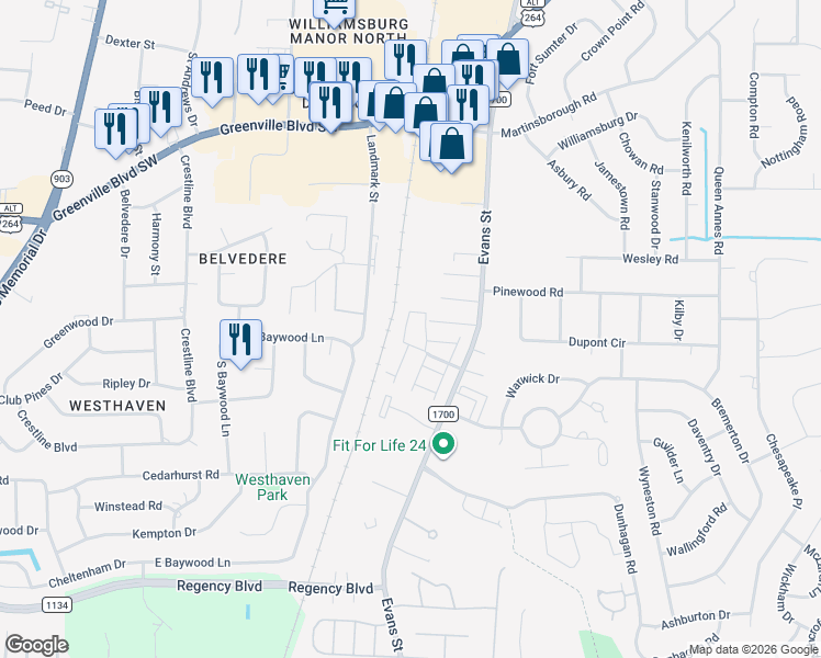 map of restaurants, bars, coffee shops, grocery stores, and more near 118 East Victoria Court in Greenville