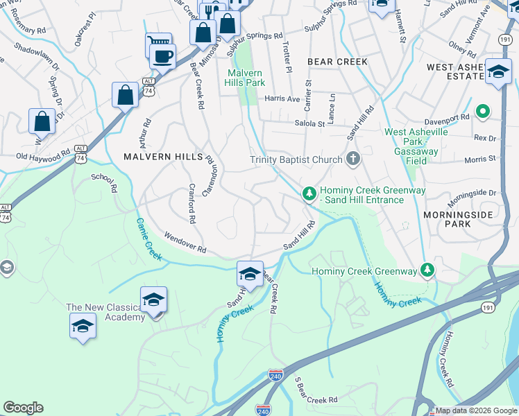 map of restaurants, bars, coffee shops, grocery stores, and more near 15 Ridgeway Drive in Asheville