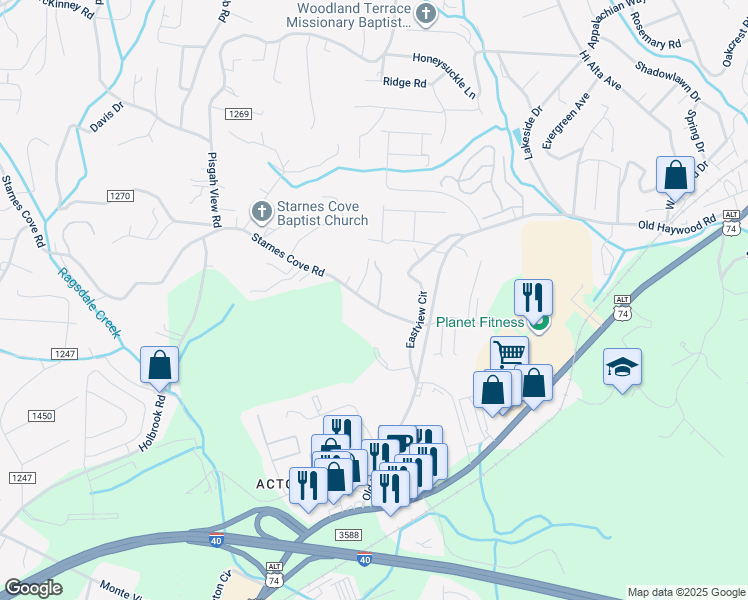 map of restaurants, bars, coffee shops, grocery stores, and more near 93 Starnes Cove Road in Asheville