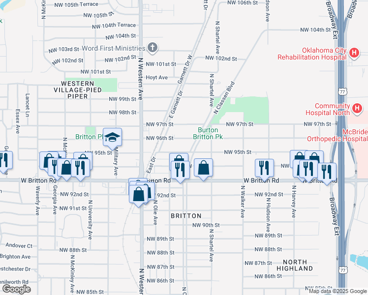 map of restaurants, bars, coffee shops, grocery stores, and more near 9611 North Shartel Avenue in Oklahoma City